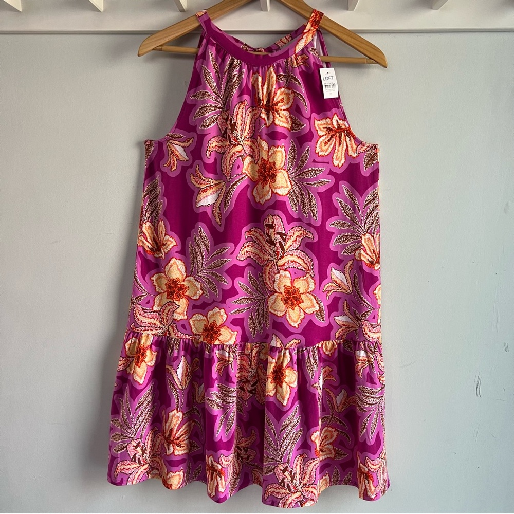 LOFT Vibrant Pink Floral Midi Dress